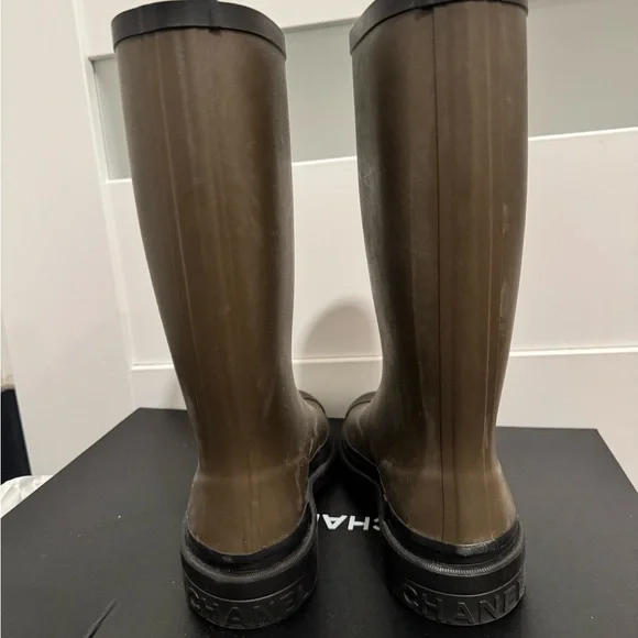 CHANEL Olive Rubber Boots with Black Trim